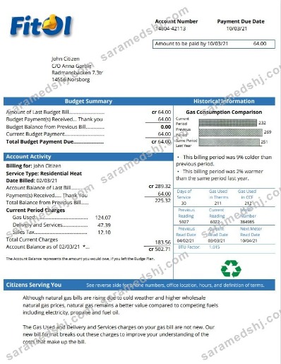 Sweden Fitol gas utility bill template in Word and PDF format